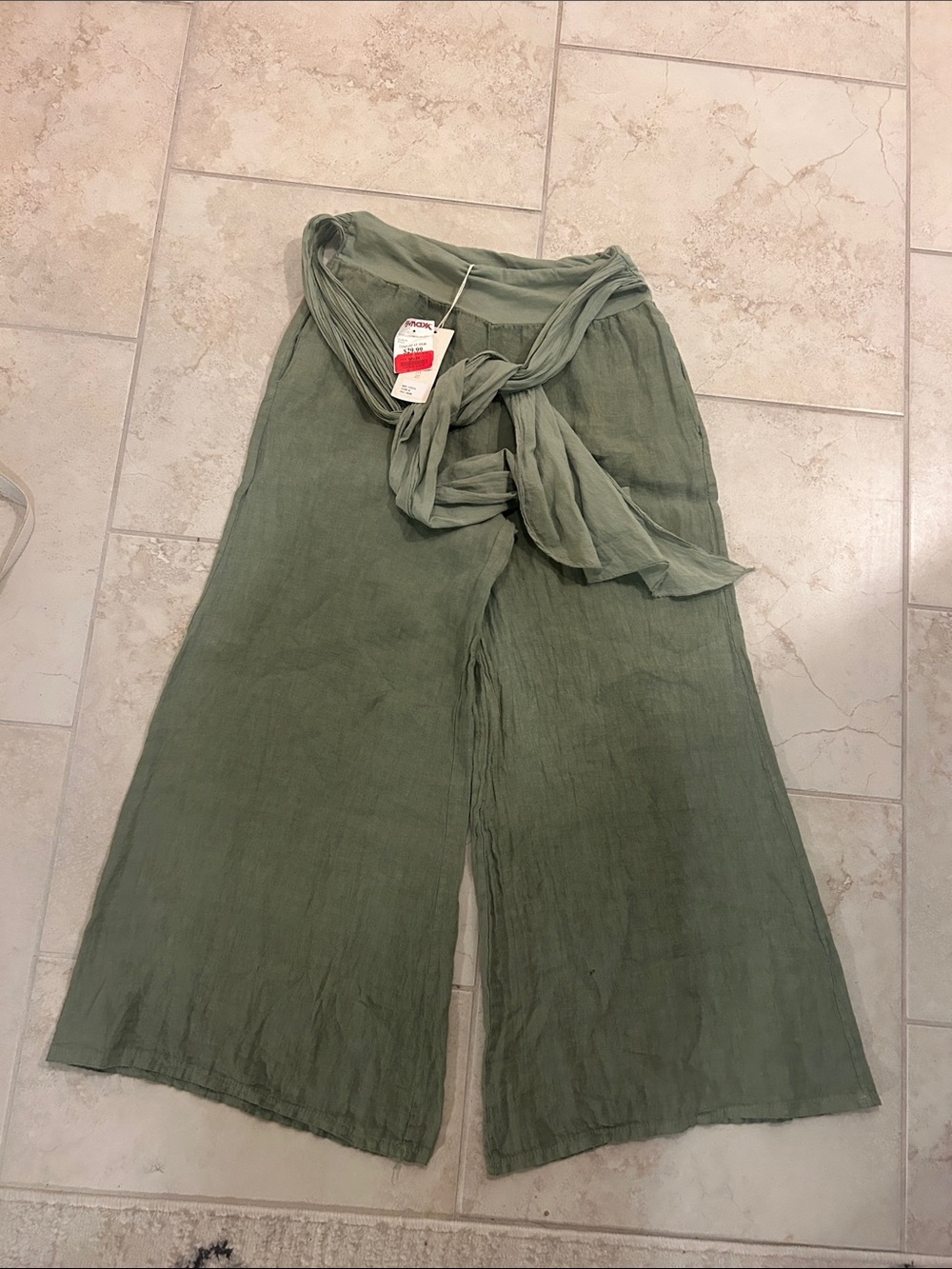 Olivia Sky Wide Leg Tie-Waist Pants in Olive Green